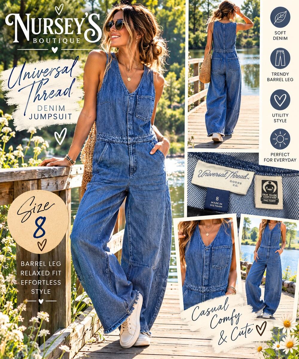 Universal Thread Size 8 Denim Barrel Leg Jumpsuit Button Front Utility Blue